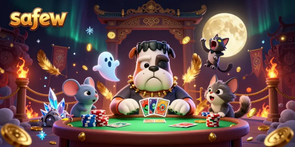 Experience safew's thrilling gaming with a 3D cartoon bulldog dealing cards at a spooky table.