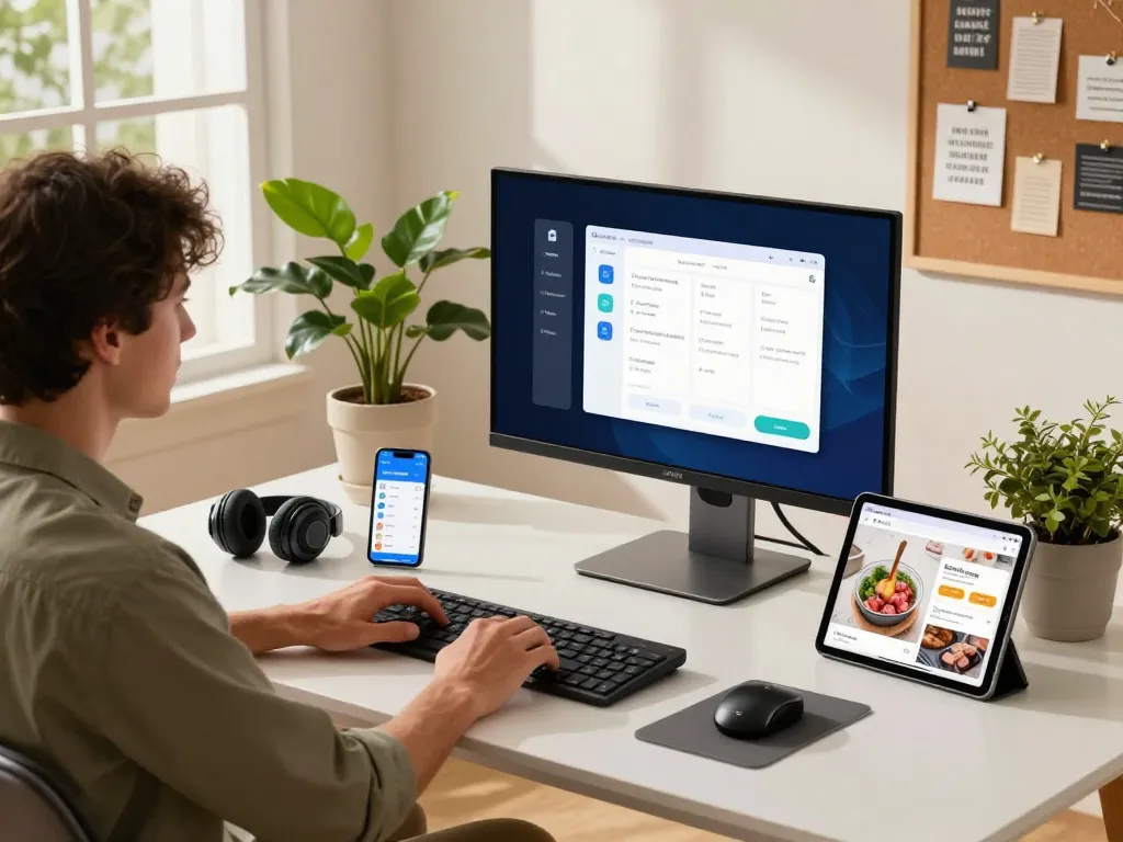 Innovative tech gadgets in a modern home office setup featuring smart devices, Bluetooth headphones, and a cooking app.