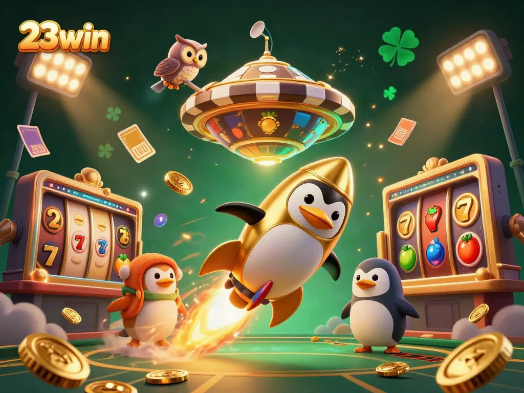 Experience thrilling gaming with the 23win penguin racing through space towards a casino poker chip, surrounded by exciting elements.