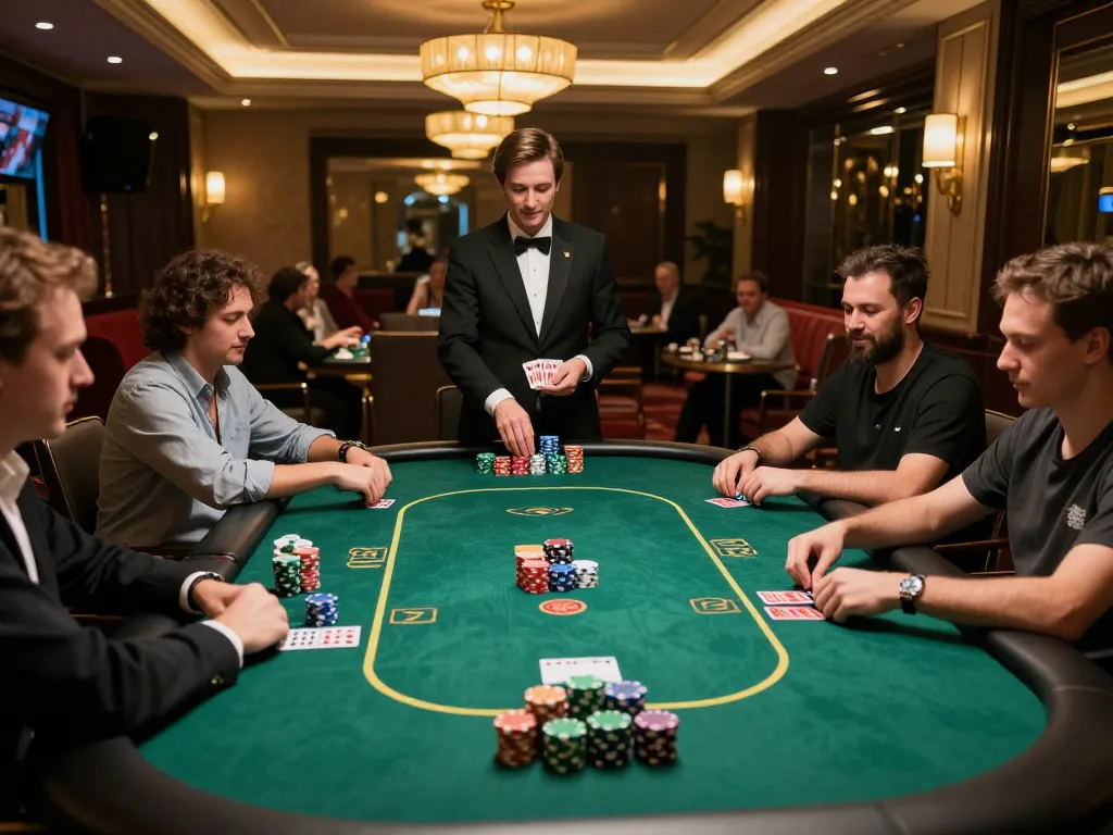 TG88 players enjoying a lively poker game in an elegant casino setting, vibrant chips and cards visible.
