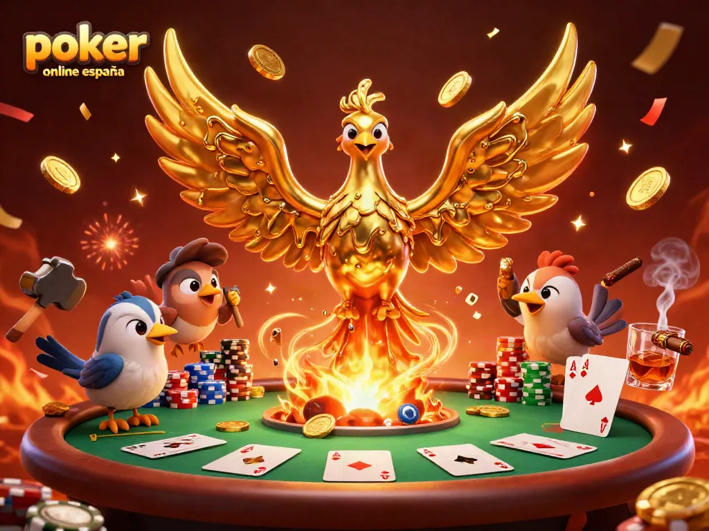 Juega poker online España en una emocionante escena de torneo con cartas y fichas brillantes.