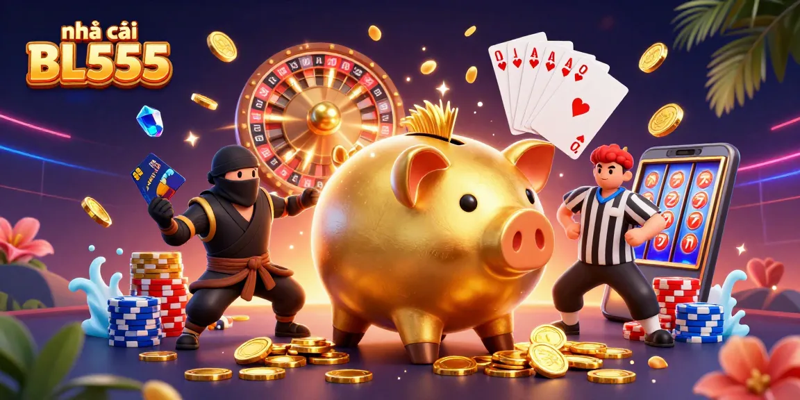 Engage in vibrant gaming action at nhà cái BL555 with slots, roulette, and colorful chip stacks.