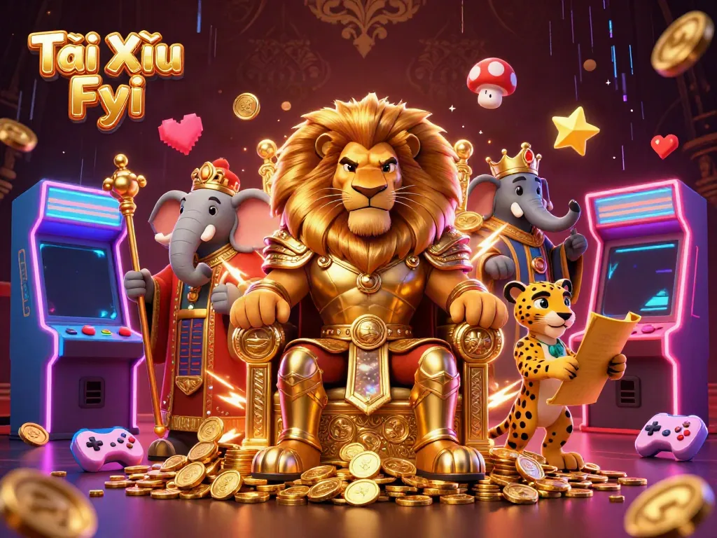 Engage with Tài Xỉu Fyi, showcasing a royal lion, wise elephant, and swift cheetah in a vibrant casino scene.