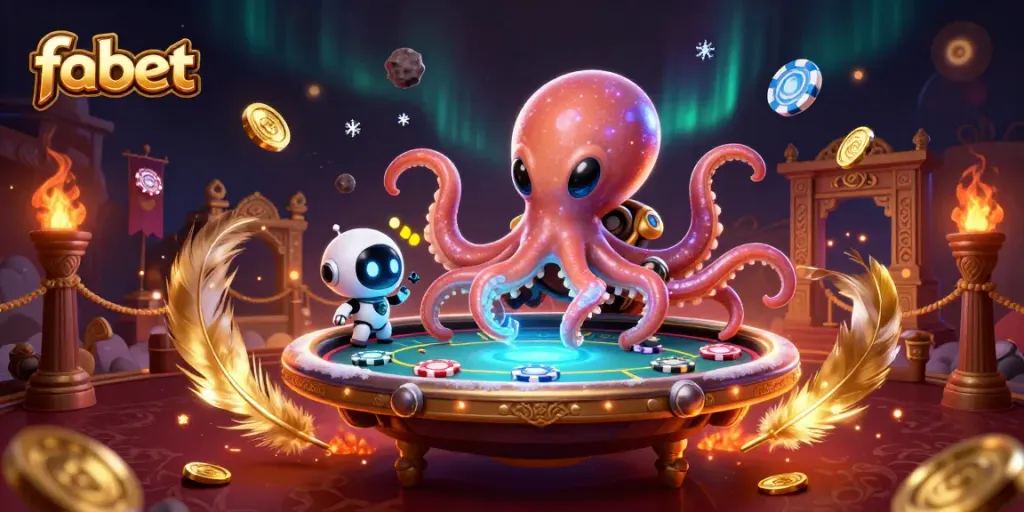 Play poker with fabet alongside an alien octopus and a tiny robot in a vibrant casino.