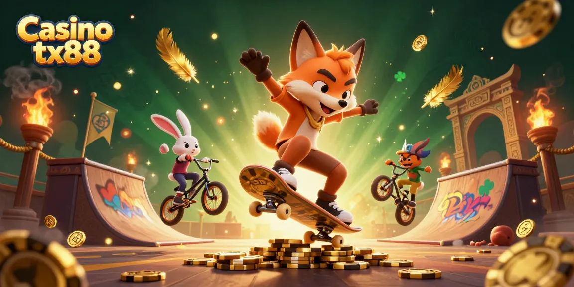Casino tx88 offers a vibrant 3D illustration showcasing a skateboarder fox and BMX rabbit in a dynamic casino setting.