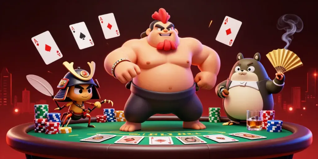 Doomuan showcases a powerful sumo wrestler rooster at a vibrant poker table, exuding excitement.