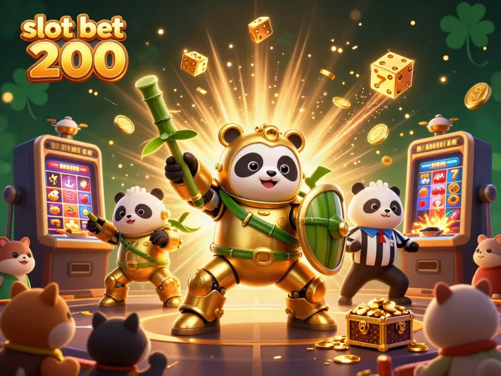 Slot bet 200: Mecha panda beraksi di arena kasino dengan mesin slot dan harta karun yang melimpah.