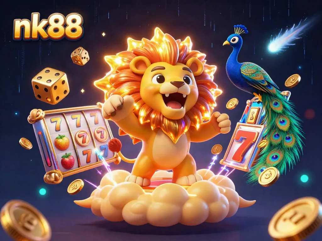Experience the vibrant thrill of nk88 slots with a majestic roaring lion amidst dynamic gaming elements.