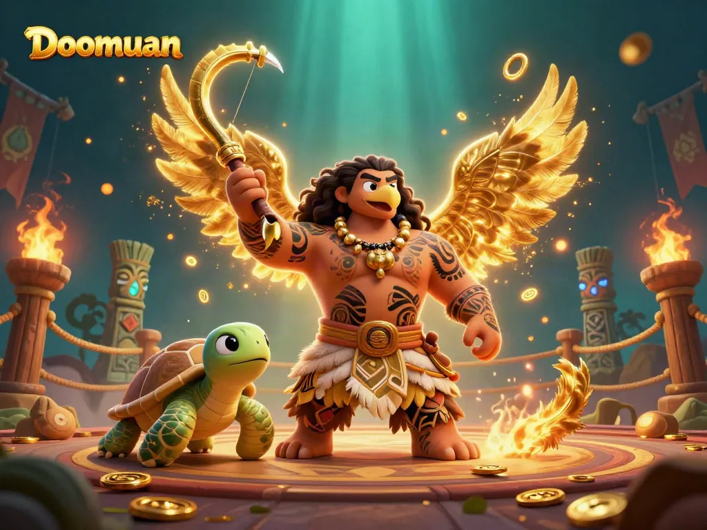 A dynamic scene with the Maui-style demigod hawk and turtle sidekick representing the thrilling experience at Doomuan's online casino.