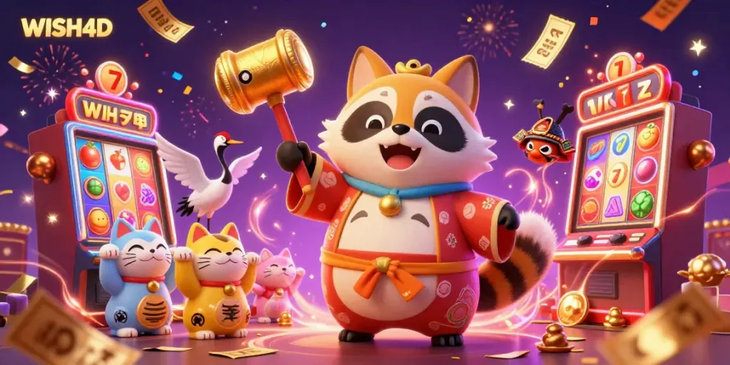 Engaging scene featuring WISH4D's characters celebrating wins with slot reels, lucky 7s, and vibrant symbols.