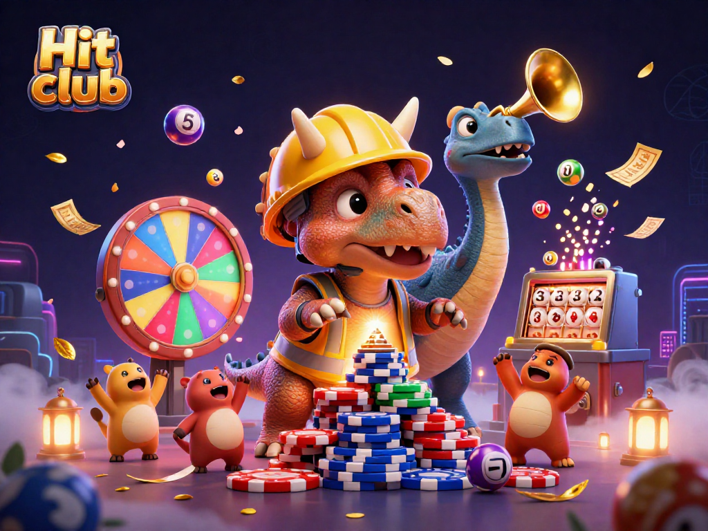 Hit club creation scene celebrating with triceratops, lottery elements, and vibrant casino themes