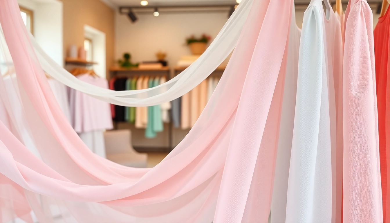 Chiffon stoffen elegant uitgestald in een chique boetiek met pastelkleuren.