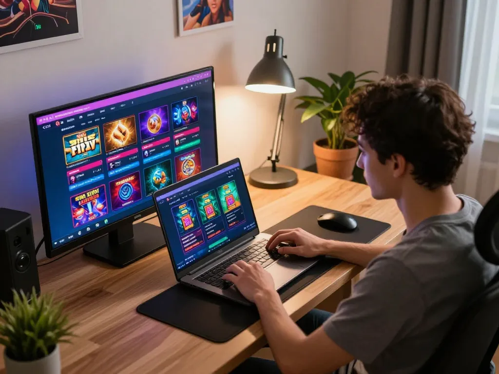 Sit at home enjoying situs slot gaming on laptop with vibrant graphics in cozy atmosphere.