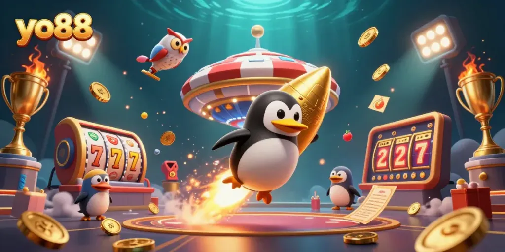 Engage in thrilling yo88 gaming with a golden penguin and dynamic slot elements in space.