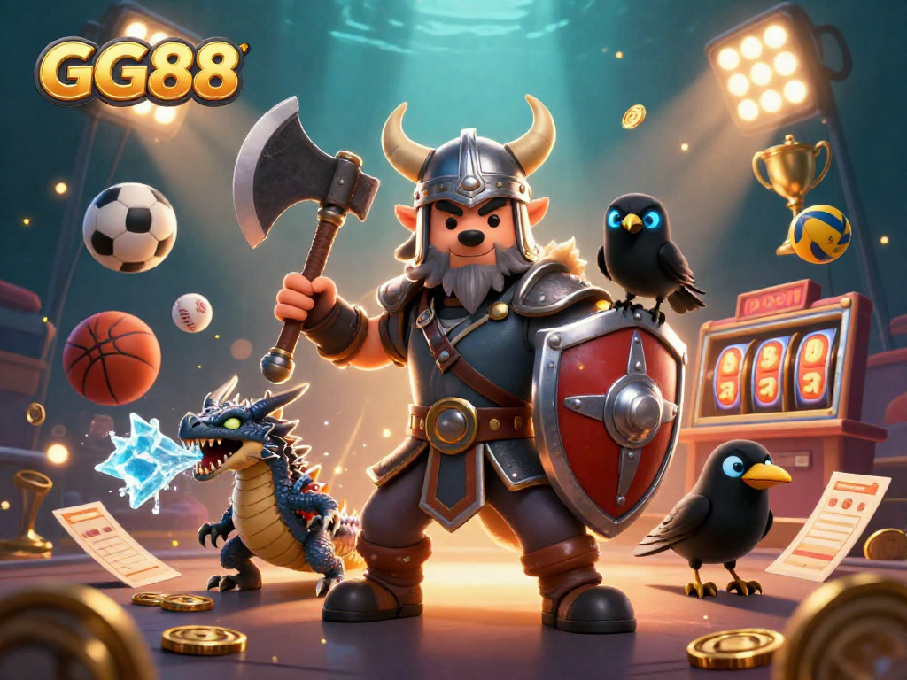 Engage with GG88's thrilling gaming scene featuring a Viking warrior, dragon, and vibrant sports elements.