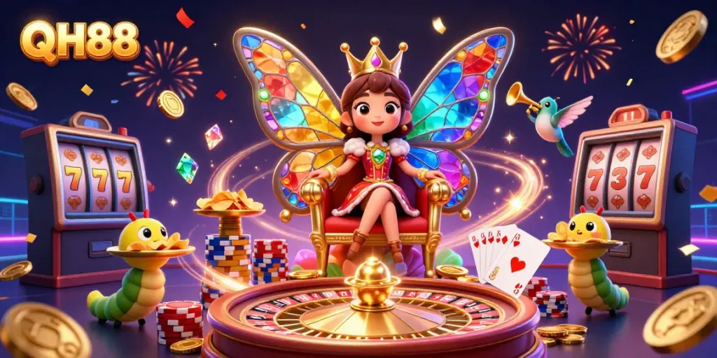 Experience thrilling adventures with QH88 in a vibrant casino illustration featuring engaging game elements.