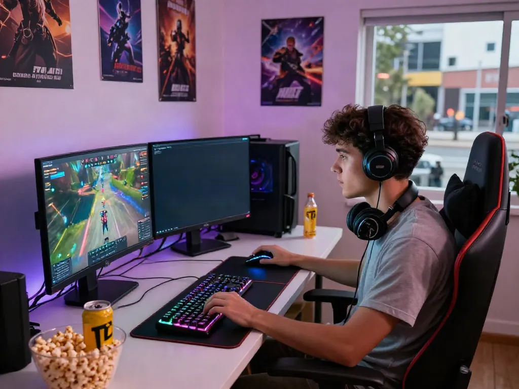 Gamer immersed in qqmacan alternatif online game set up at home office