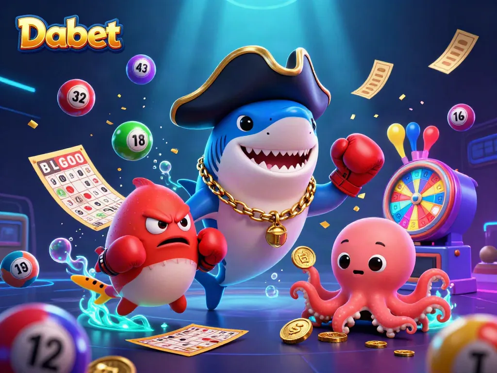 Dabet engages players with a dynamic scene featuring a playful shark, pufferfish, and octopus in a lively casino atmosphere.
