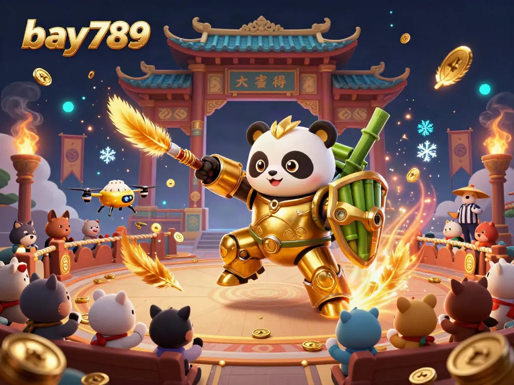 Experience the thrilling bay789 gaming arena where a golden panda battles in a bamboo robot amidst cheering spectators.