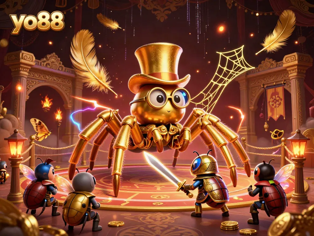 Experience the thrill of yo88 casino with a vibrant scene of a golden tarantula and beetle knight in action.