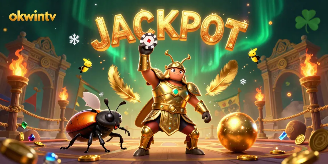 Join the excitement with okwintv as a hercules beetle celebrates a casino victory, surrounded by vibrant gaming elements.