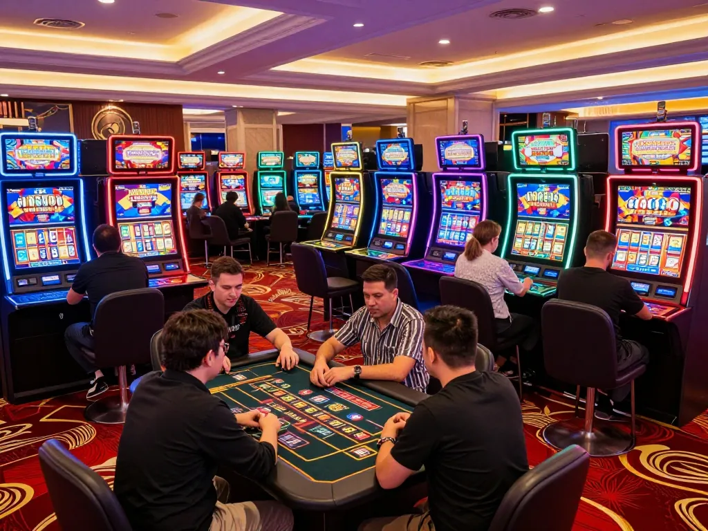 Players spinning the reels at MM88's vibrant casino, immersed in exciting gameplay.