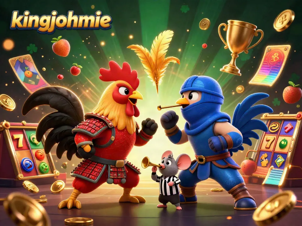 Experience thrilling wins at kingjohnnie with 3D cartoon roosters and exciting slot game elements.