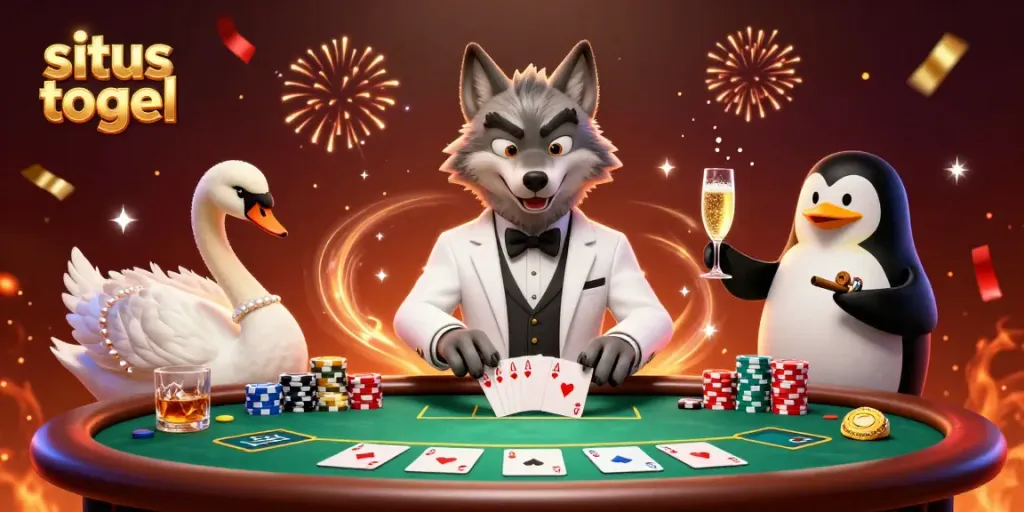 Experience the excitement of situs togel with a lively 3D illustration featuring casino characters and vibrant elements.