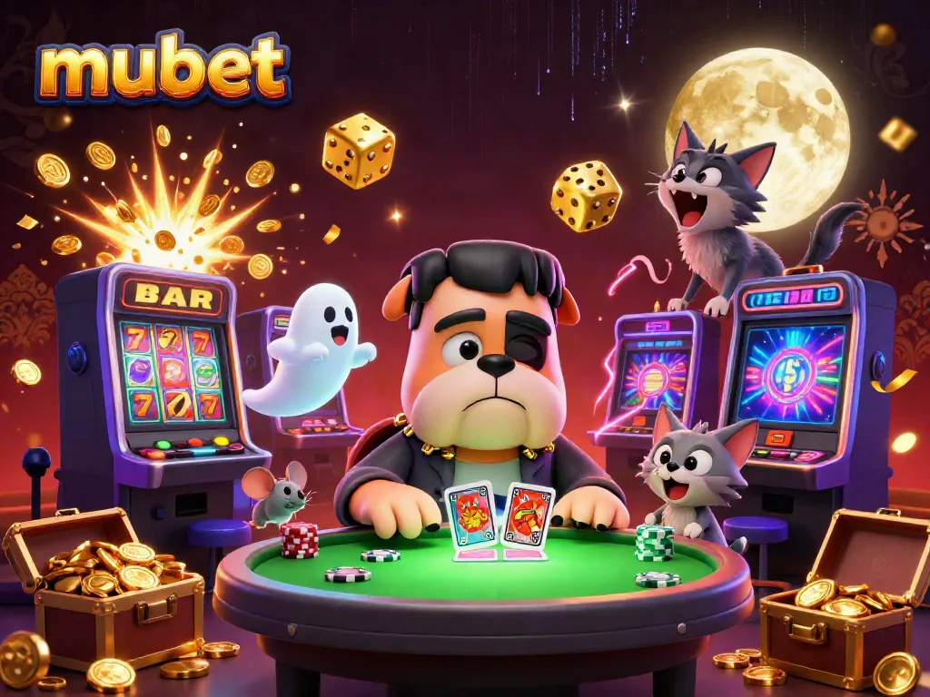 Engage in thrilling gameplay at mubet with a vibrant 3D cartoon casino scene featuring iconic characters and symbols.