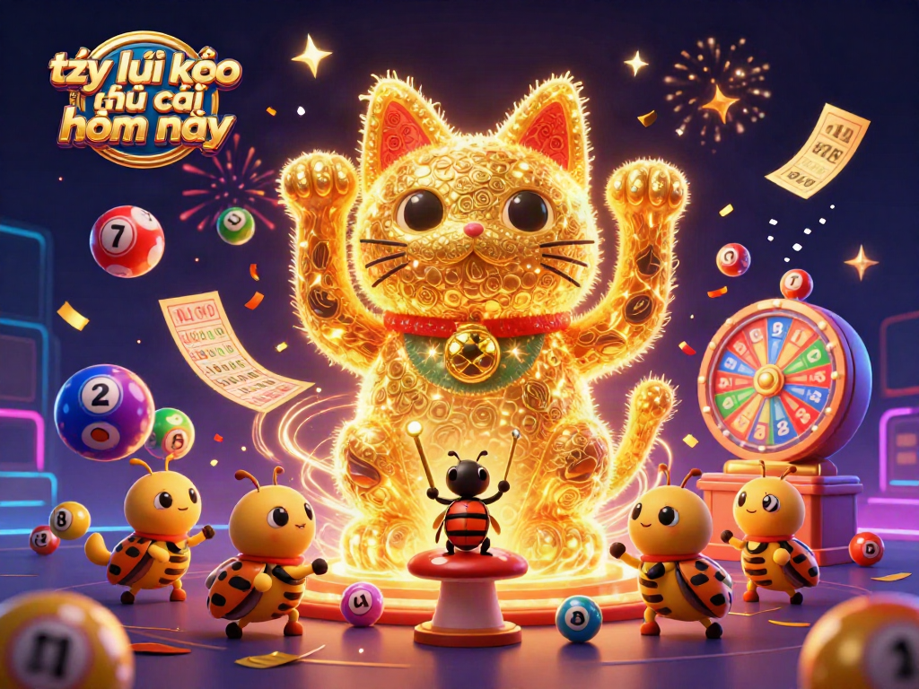 Engage with tỷ lệ kèo nhà cái hôm nay, illustrated by a dynamic lucky cat formed by fireflies and casino elements.
