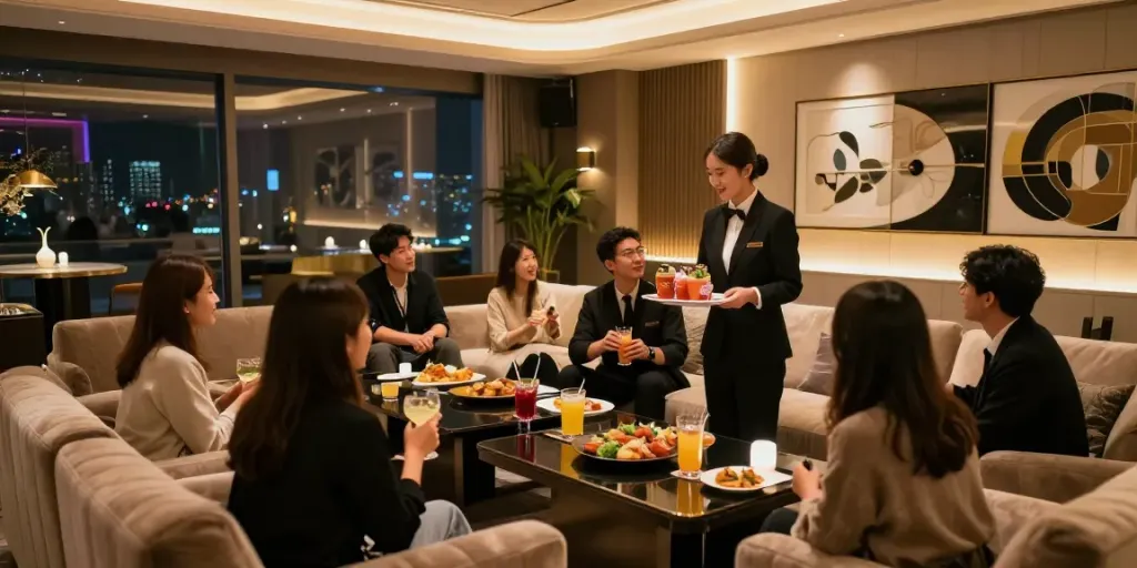 강남타이밍의 고급스러운 사교 공간에서 호스트가 손님을 맞이하는 모습