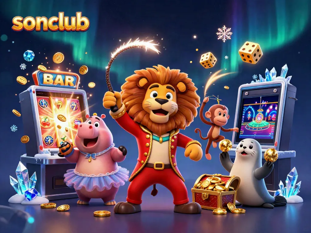 Experience thrilling action at sonclub with a circus-themed 3D digital illustration showcasing lively characters and casino elements.
