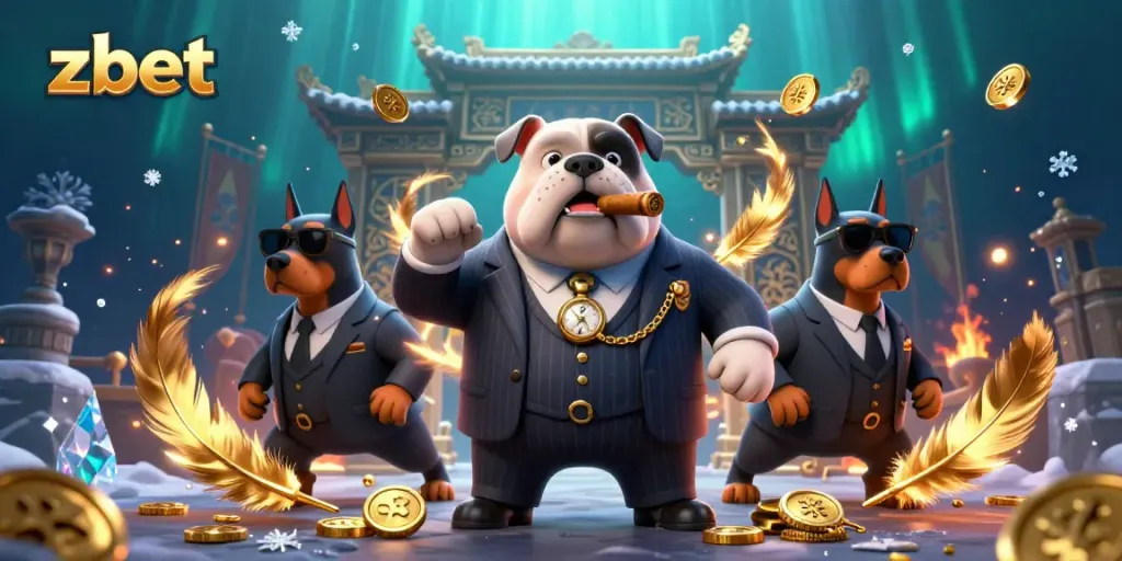 Experience the excitement of zbet with a mafia boss bulldog and bodyguard Dobermans in a vibrant casino scene.