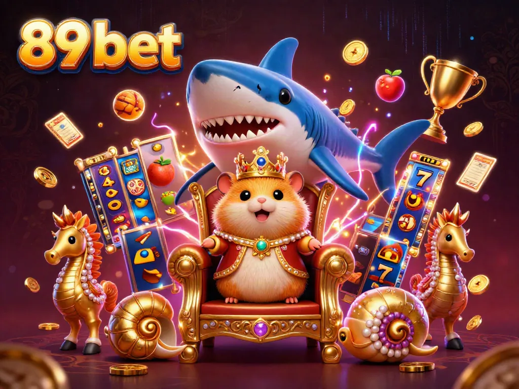 Experience excitement at 89 bet with a golden hamster king enthroned amidst vibrant slot reels and trophies