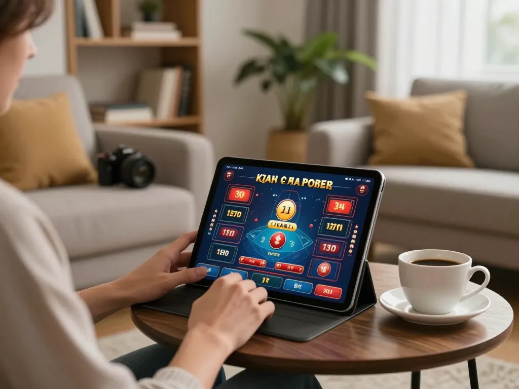 Sitting at home enjoying SUNWIN LINK MỚI on a tablet, showcasing strategic online gaming atmosphere.