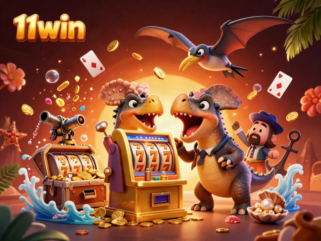 Experience the excitement at 11win as a dinosaur wins big at the jackpot amidst a vibrant casino scene.