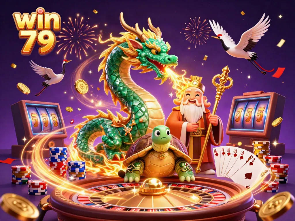 Experience win 79 with a vibrant illustration of a jade dragon, turtle sage, and lucky cranes amid rich casino elements.