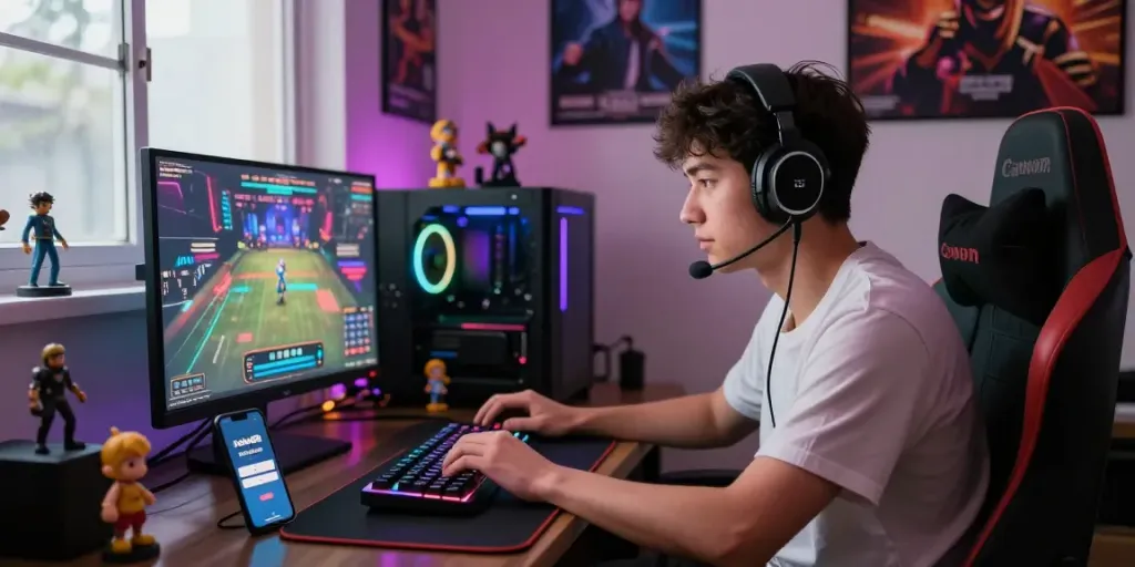 Engaging gaming atmosphere with young adult focused on rokok88 login in vibrant gaming setup.