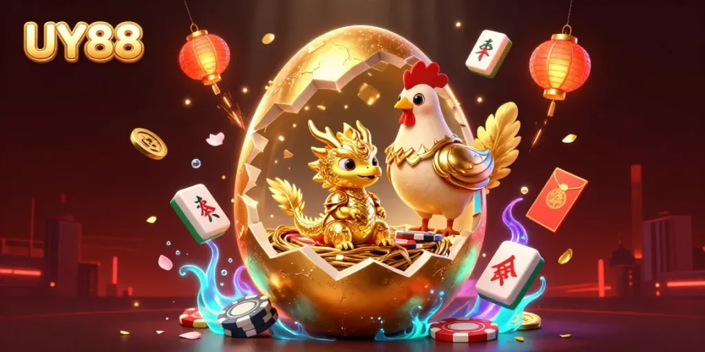 Experience thrilling gaming at UY88 with golden dragon treasure amidst vibrant casino elements.