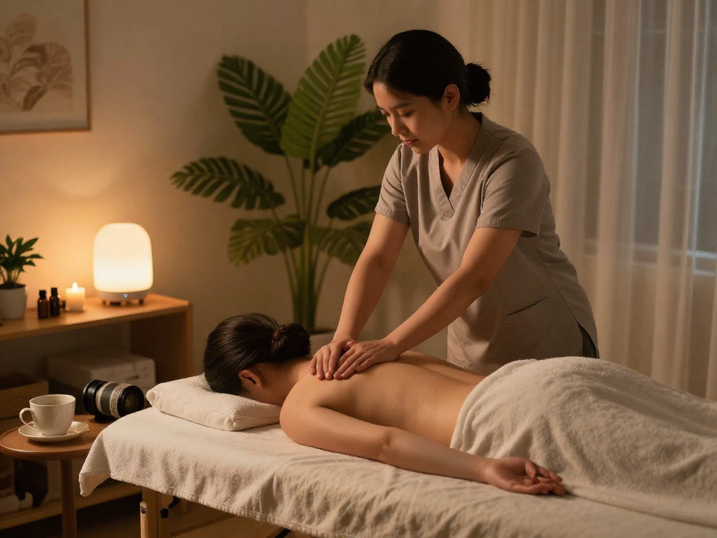 파주출장마사지 in a calming home environment, therapist providing a relaxing massage.