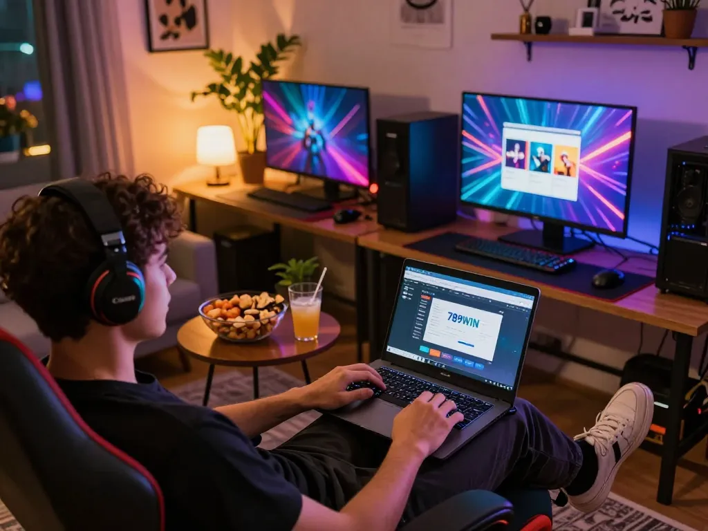 Engaging with the trang chủ 789WIN online casino from a cozy home setup, highlighting the gaming atmosphere.