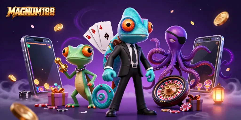 Experience enticing wins with MAGNUM188 in this vibrant casino adventure illustration.