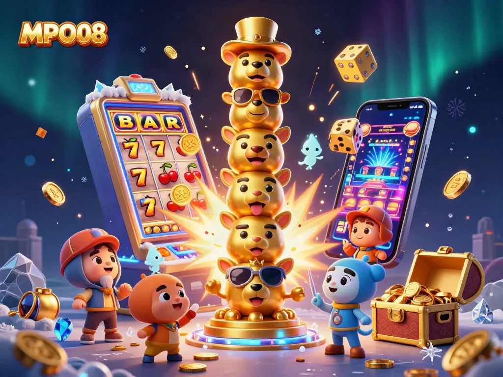 Spin and win with MPO08's exciting gaming scene, featuring vibrant slots and dynamic animations.