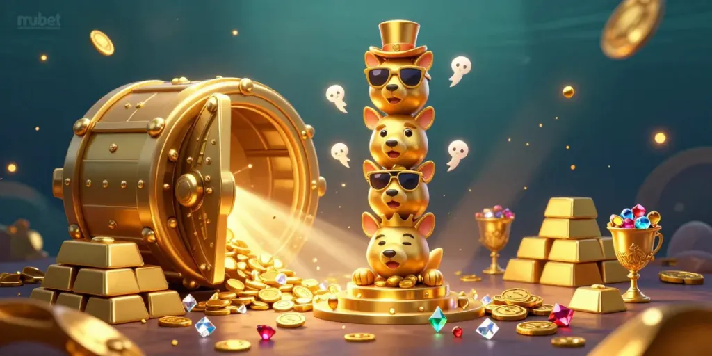 Experience the excitement of mubet with colorful casino-themed imagery featuring golden treasures and a whimsical totem.