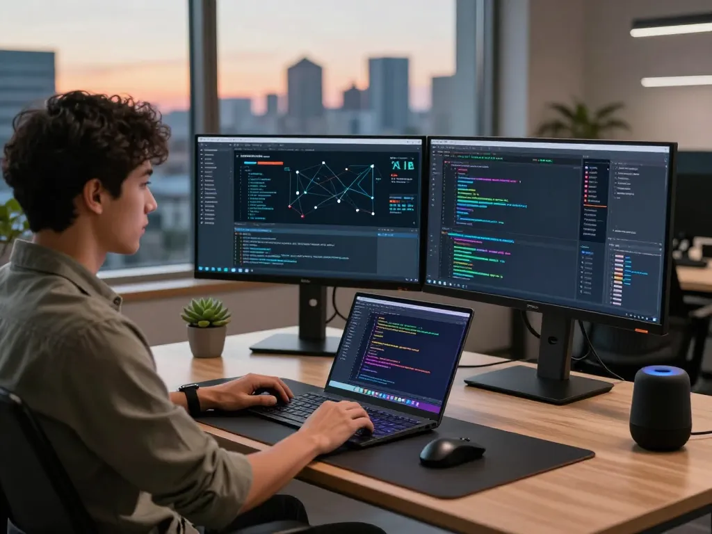快连 technology workspace with software engineer analyzing network performance metrics in a modern office
