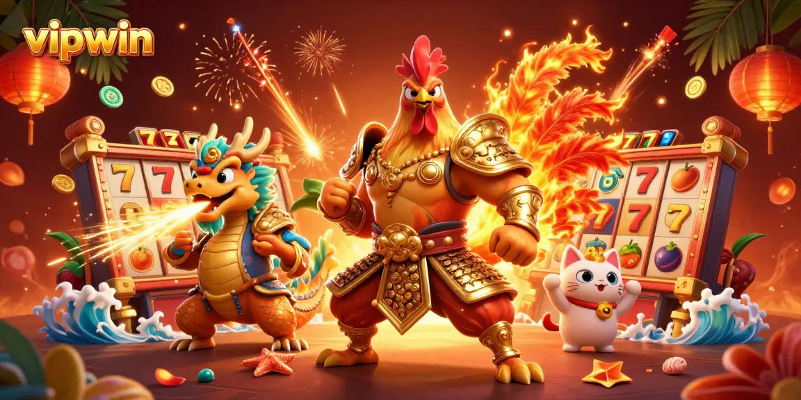 Experience epic jackpots at vipwin with a fierce cartoon rooster warrior and a dragon hatchling