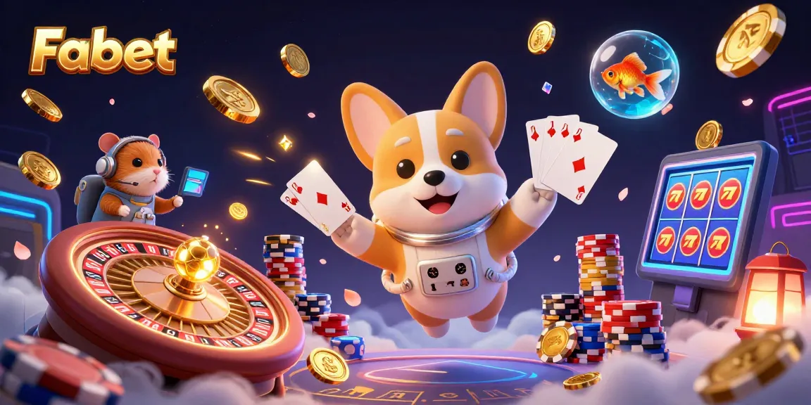 Fabet's thrilling space casino scene with a corgi and hamster guiding gamblers among floating cash.