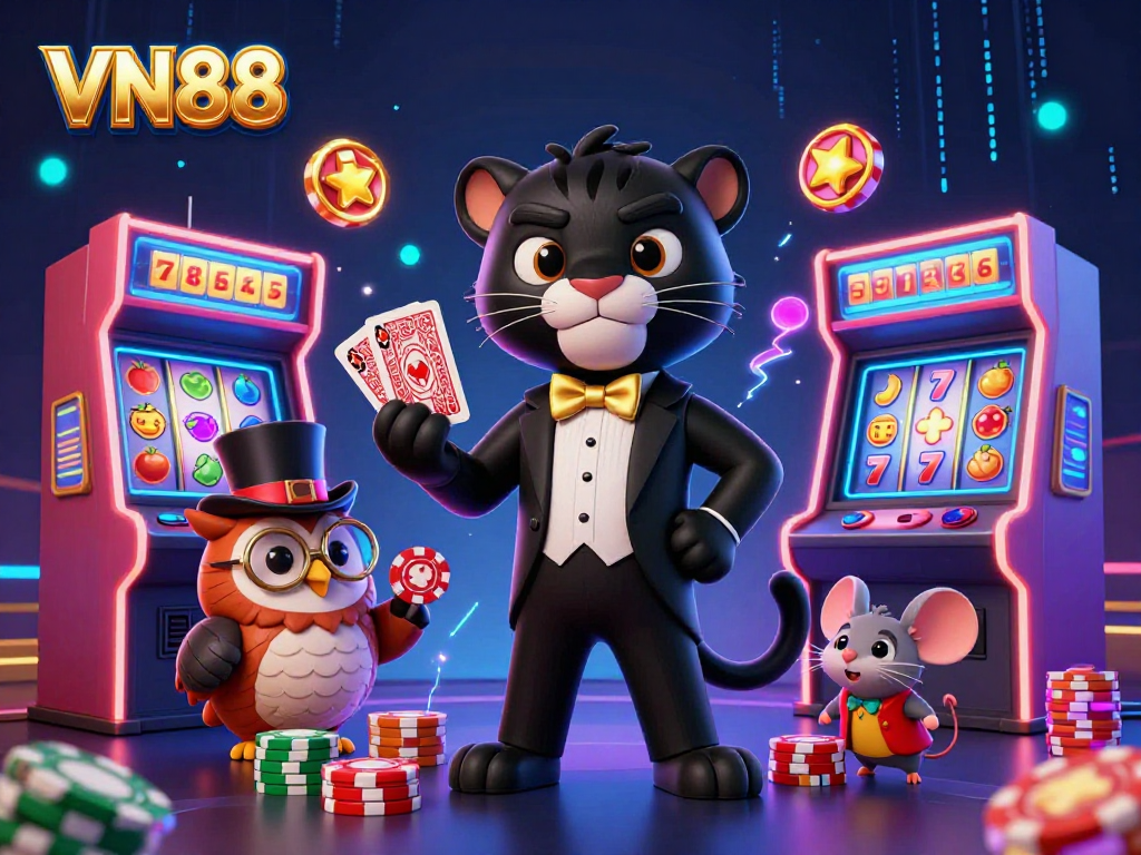 Engage with VN88's exciting casino atmosphere featuring a stylish black panther, owl, and chipstack.