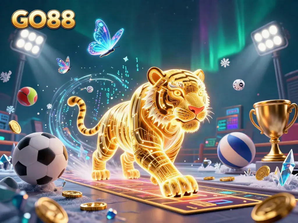 Experience the excitement of GO88 with a dynamic digital casino scene featuring a golden tiger and sports actions.