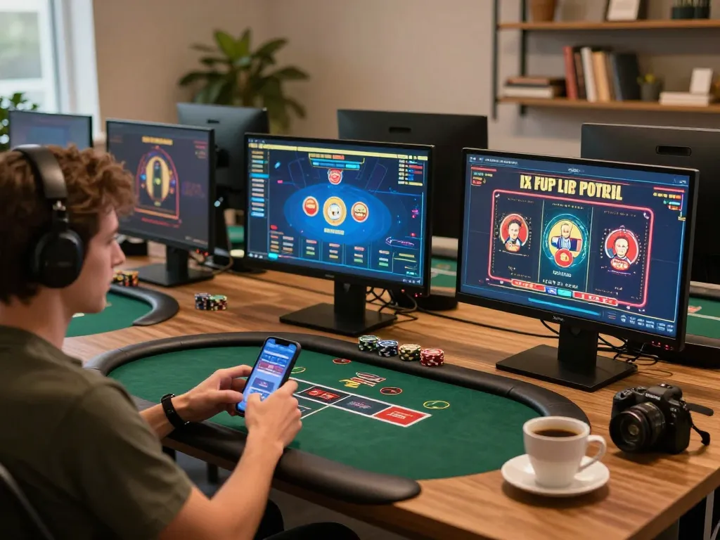 Player engaged with online poker on rokok88 app in cozy gaming space with multiple screens.